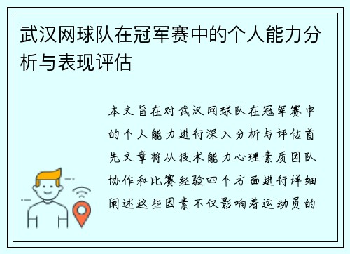 武汉网球队在冠军赛中的个人能力分析与表现评估